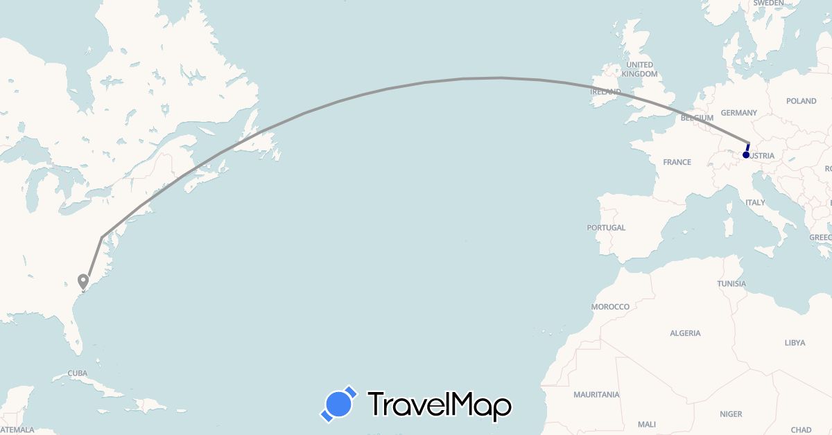 TravelMap itinerary: driving, plane in Austria, Germany, United States (Europe, North America)
